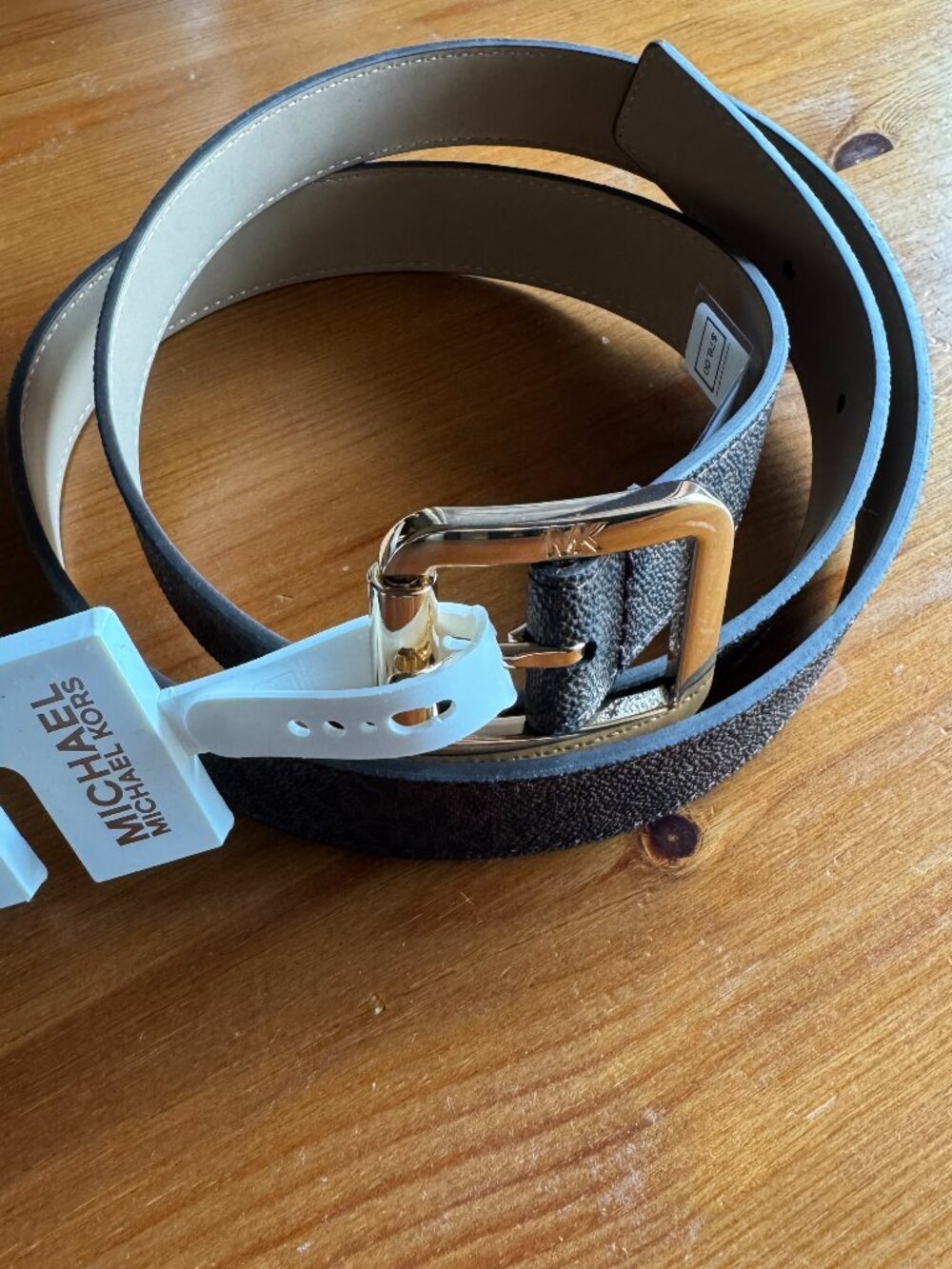NWT MICHAEL KORS MK Brown/Tan Logo Belt with Goldtone Buckle Style 556267C in XL